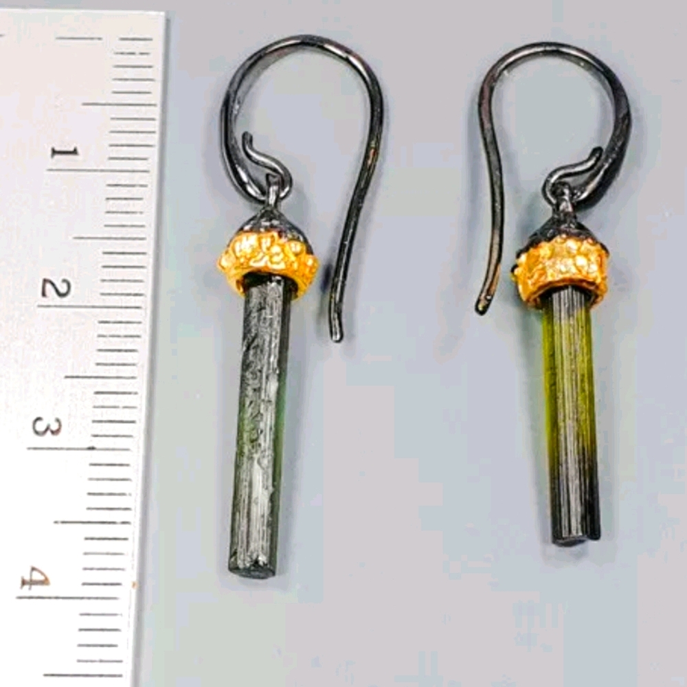 green tourmaline & sterling & gold long pillar earrings